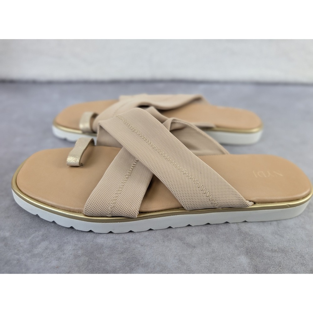 NYDJ Ronna Flat Sandals Womens 9 Tan Gold Metallic Elastic Toe Loop Slides New